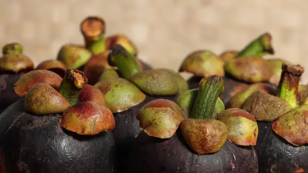 Ahşap arka planda Mangosteen. Kanser önleme meyveleri