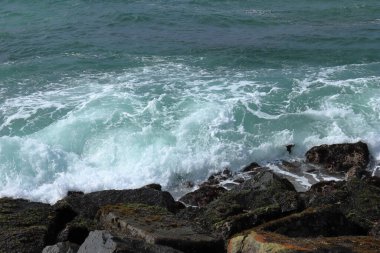 Dalgalar sahildeki kayalara çarpıyor. Güzel deniz dalgaları sahildeki kayalık sahile çarpıyor.