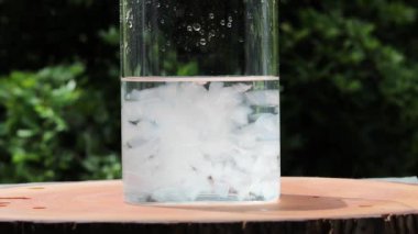 Vera Teyze içki içiyor. Vera Teyze 'yi suya atmak. Bitkisel Aloe Vera dilimlerle içer. Aloe Vera 'nın Yavaş Hareketi Damlayan Suyla Dilimler.
