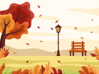 Fenerli bir sonbahar parkının düz tasarım çizimi - Sonbahar Hygge Düz Vektör Tasarımı Çizimi