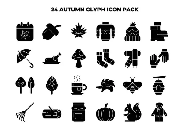 24 Autumn Element Glyph Simgesi Seti - Güz Sezonu Simgesi Vektör İllüstrasyonu