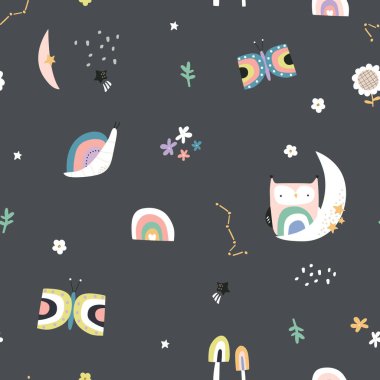 Seamless pattern with butterfly, owl, snail, moon and flowers on dark gray background. Ideal for fabrics, textiles, apparel, wallpaper. Vector illustration clipart