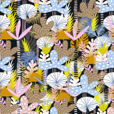 Kusursuz tropik pembe desenli, el yapımı bitkiler, yapraklar, Orman yaz arkaplanı. Kumaş tasarımı, duvar kağıdı ve giysi için mükemmel. Vektör illüstrasyonu