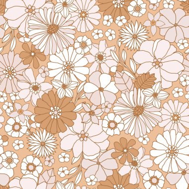 Çiçeksiz desenli retro tarzı. El çizimi bej çiçekler, klasik çayır dokusu. Kumaş, tekstil ve duvar kağıtları için harika. Vektör illüstrasyonu