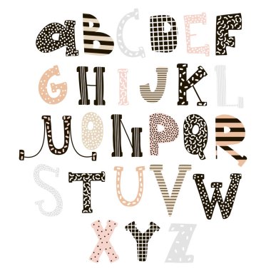 Soyut stil alfabesi. Yaratıcı Çocuklar yazı tipi. Eğitim için harika, ev dekorasyonu için. Komik tişört alıntıları, afişler, kartlar ve çocuk moda baskıları için kullanılacak. Vektör İllüstrasyonu