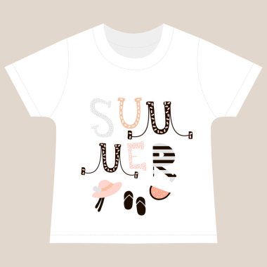 Tişörtlü çocuklar şablon basıyor. Yaratıcı mektuplarla dolu bir yaz metni. Vektör İllüstrasyonu