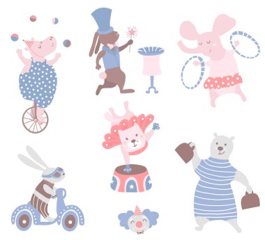 Circus animals vector clipart. Hippo, cat, bear,bunny,elephant,rabbit. Cute childish characters clipart