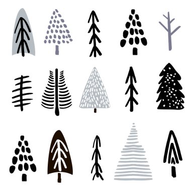 Mürekkepten yapılmış noel ağaçları koleksiyonu. Yaratıcı ağaç silueti koleksiyonu. Vektör illüstrasyonu