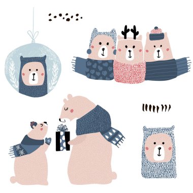 Cute cartoon bear winter collection. Christmas adorable clip art with polar bears in hats and scarves isolated. Vector Illustration clipart