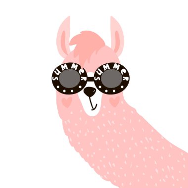 Gözlüklü sevimli Lama surat. Kumaş, tişört, poster, kart, bebek partisi için çocukça bir parmak izi. Vektör İllüstrasyonu.