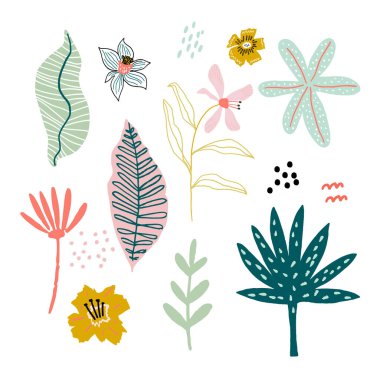 Tropikal yapraklar orman düz çizimler seti. Ormandaki el klipslemesi. Tropik yapraklar ayrı. Botanik çiçek koleksiyonu. Vektör illüstrasyonu.