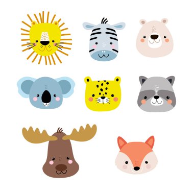 Bir dizi şirin hayvan suratlı çizgi film. Aslan, tilki, ayı, rakun, geyik, çita, zebra, koala kafası. Hazır. Çocuk odası, giysi, kartlar için parmak izi. Vektör İllüstrasyonu