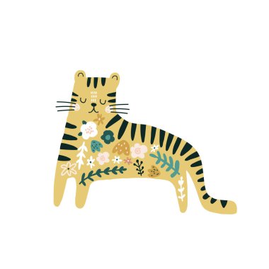 Güzel çiçekli kaplan izi. Tişört, giysi, kart, poster, çocuk odası dekorasyonu için mükemmel. Vektör İllüstrasyonu