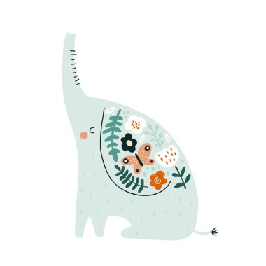 Güzel çiçek desenli fil izi. Tişört, giysi, kart, poster, çocuk odası dekorasyonu için mükemmel. Vektör İllüstrasyonu