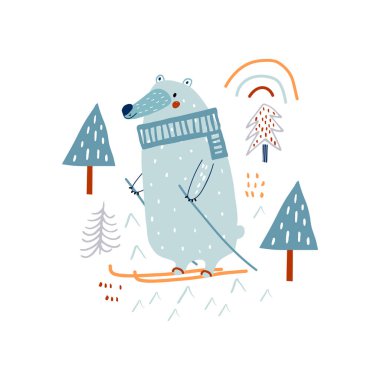 Orman kayağında güzel bir el çizimi ayı. Çizgi film yaratıcı vektör çizimi İskandinav tarzı