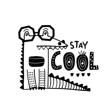 Siyah-beyaz gözlüklü şirin bir timsah eli çizilmiş. Çizgi film timsah vektör çizimi İskandinav tarzı