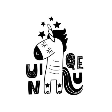 Siyah beyaz çizilmiş şirin bir tek boynuzlu at. İskandinav tarzında çizgi film vektör çizimi