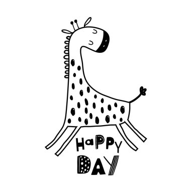 Siyah beyaz çizilmiş şirin bir zürafa. İskandinav tarzında çizgi film vektör çizimi