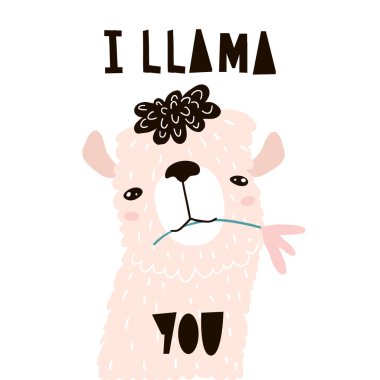 Çiçekli şirin bir çizgi film lama. Çocuk odası için çocukça alpaka baskısı, çocuk kıyafetleri, poster, kartpostal. Vektör İllüstrasyonu