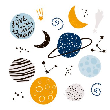 Kozmik tasarım elementleri Uzay nesneleriyle çocuksu yaratıcı vektör illüstrasyonu