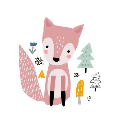 Şirin bir tilki izi. Çocuk odası için çocukça parmak izleri, çocuk kıyafetleri, poster, kartpostal. Vektör İllüstrasyonu