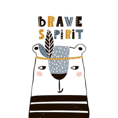 Sevimli çizgi film ayısı Hintli. Çocuk odası için çocukça parmak izleri, çocuk kıyafetleri, poster, kartpostal. Vektör İllüstrasyonu