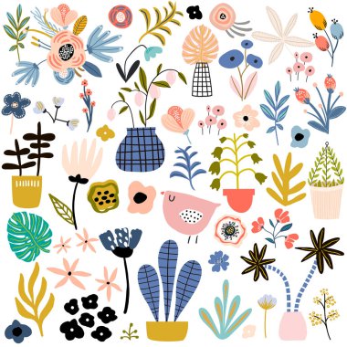 Çiçeklerin ve dalların beyaz arka planda toplanması. Web pankartı, davetiye, kart, giyim, ev dekorasyonu, kumaş için kullanılabilir