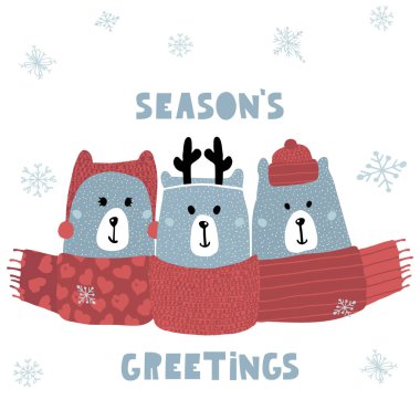 Sezonun selamlama alıntısı. Kutup ayılarıyla tatlı bir kış tebriği. Tatil ve Noel illüstrasyonu. Tebrik kartı, poster ve giysi olarak kullanılabilir.