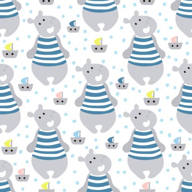 Su aygırı denizcisiyle kusursuz bir düzen. Kumaş ve tekstil için çocukça bir doku. Vektör arkaplanı