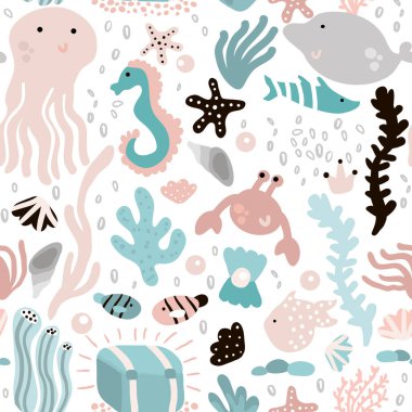 Denizaltı elementleri, balık, ahtapot, balina, yosun, yengeç gibi kusursuz desenler. Kumaş ve tekstil için çocukça bir doku. Vektör arkaplanı