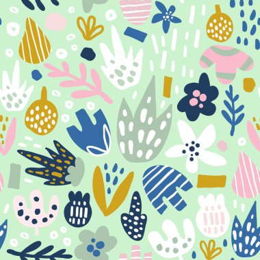 Tuhaf çiçekli, dikişsiz çiçek deseni. Yaratıcı yüzey tasarım vektörü arkaplanı