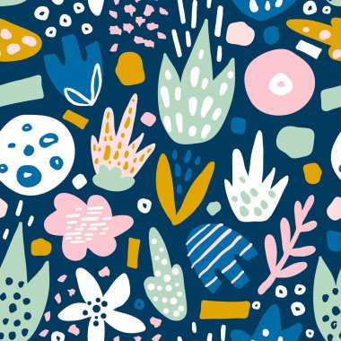 Tuhaf çiçekli, dikişsiz çiçek deseni. Yaratıcı yüzey tasarım vektörü arkaplanı