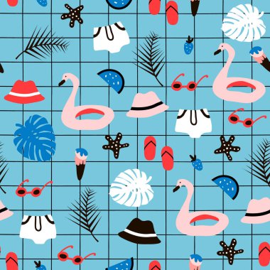 Seamless pattern with summer elements. Creative vector texture with palm tree,flamingo swimming circle,hat,sunglasses clipart