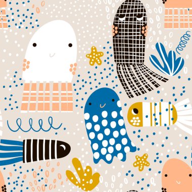 Denizanası, denizanası ve balıkla kusursuz desen. Kumaş ve tekstil için denizaltı çocukça dokusu. Vektör arkaplanı