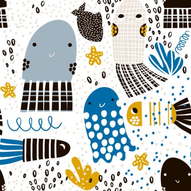 Denizanası, denizanası ve balıkla kusursuz desen. Kumaş ve tekstil için denizaltı çocukça dokusu. Vektör arkaplanı