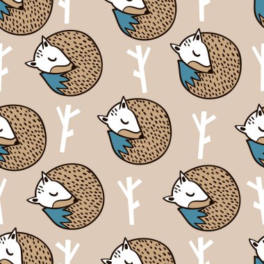 Tilki, dal ve yapraklarla kusursuz orman deseni. İskandinav tarzında minimal doku. Vektör arkaplan