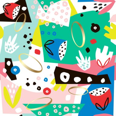 Elle çizilmiş şekilleri, geometrik elementleri ve çiçekleri olan yaratıcı kusursuz desen. Yaratıcı doku. Vektör illüstrasyonu