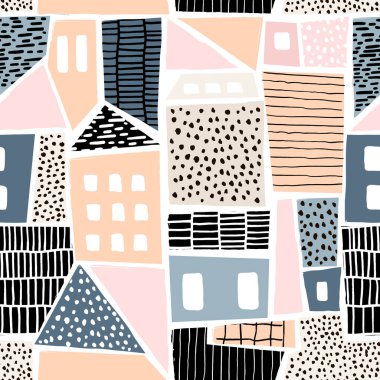 Abstract seamless pattern with houses with hand drawn textures and shapes. Perfect for fabric.textile,wallpaper. Vector Illustration clipart