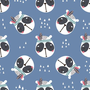 Seamless pattern with cute panda face. Cartoon panda indian.Vector illustration. Perfect for kids fabric,textile,nursery wallpaper clipart