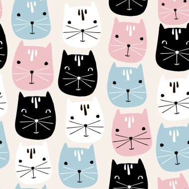 Cute cats faces seamless pattern. Vector childish background