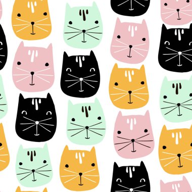 Cute cats faces seamless pattern. Vector childish background