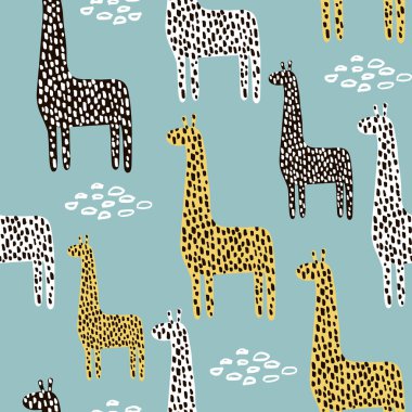 Zürafa ile kusursuz desen. Kumaş ve tekstil için çocukça bir doku. Vektör arkaplanı