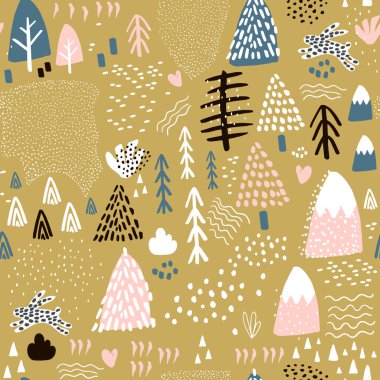 Tavşan ormanı elementleri ve elle çizilmiş şekillerle kusursuz bir desen. Çocuksu bir yapısı var. Kumaş ve Tekstil Vektörü İllüstrasyonu için harika