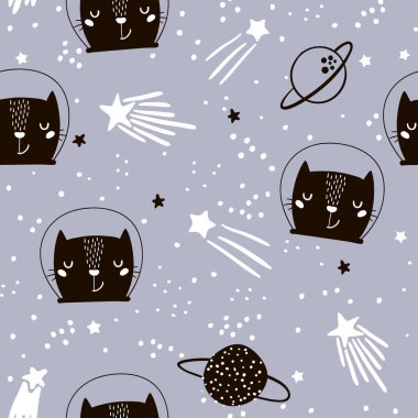 Şirin kedi astronotlarıyla kusursuz çocuksu bir düzen. Yaratıcı kreş geçmişi. Çocuk tasarımı, kumaşı, ambalajı, duvar kağıdı, tekstil, giysi için mükemmel.