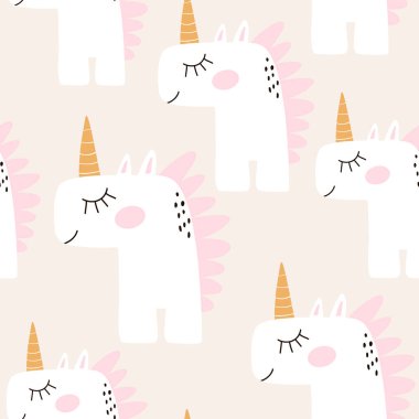 Peri tekboynuzları olan hoş, pürüzsüz bir desen. Kumaş ve tekstil için çocukça bir doku. İskandinav tarzı. Vektör İllüstrasyonu