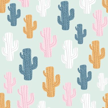 Kaktüsleri ve el çizimleri olan kusursuz desen. Kumaş, tekstil ve vektör arkaplan için mükemmel.