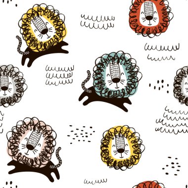 Childish seamless pattern with hand drawn lions. Trendy scandinavian vector background. Perfect for kids apparel,fabric, textile, nursery decoration,wrapping paper clipart