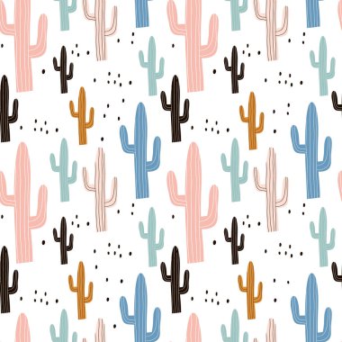 Kaktüsleri ve el çizimleri olan kusursuz desen. Kumaş, tekstil için mükemmel. Vektör pastel arkaplan