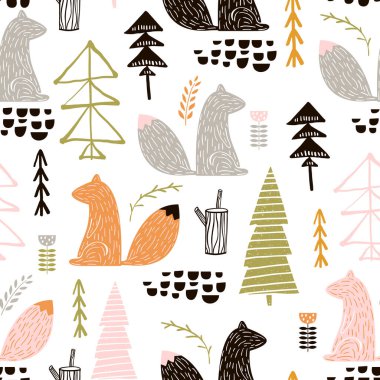 Sincap ve ağaçlarla kusursuz bir düzen. Yaratıcı orman yüksekliği detaylı arka plan. Çocuk kıyafetleri, kumaş, tekstil, çocuk odası dekorasyonu, ambalaj kağıdı için mükemmel.