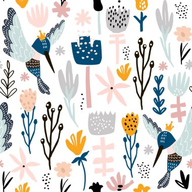 Kobri ve çiçeklerle kusursuz desen. Yaratıcı botanik yüksekliği detaylı arka plan. Çocuk kıyafetleri, kumaş, tekstil, çocuk odası dekorasyonu, ambalaj kağıdı için mükemmel.